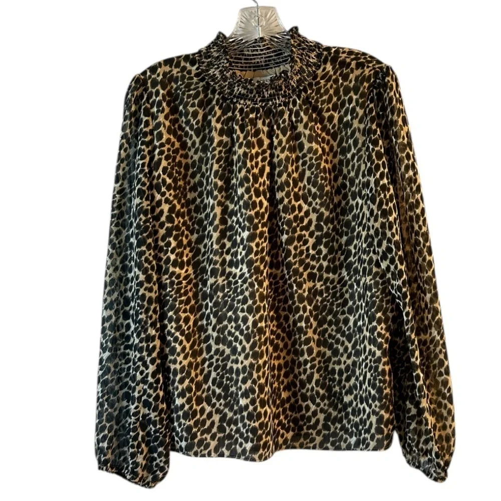 J. Crew Leopard Print mock Neck puff sleeve Blouse